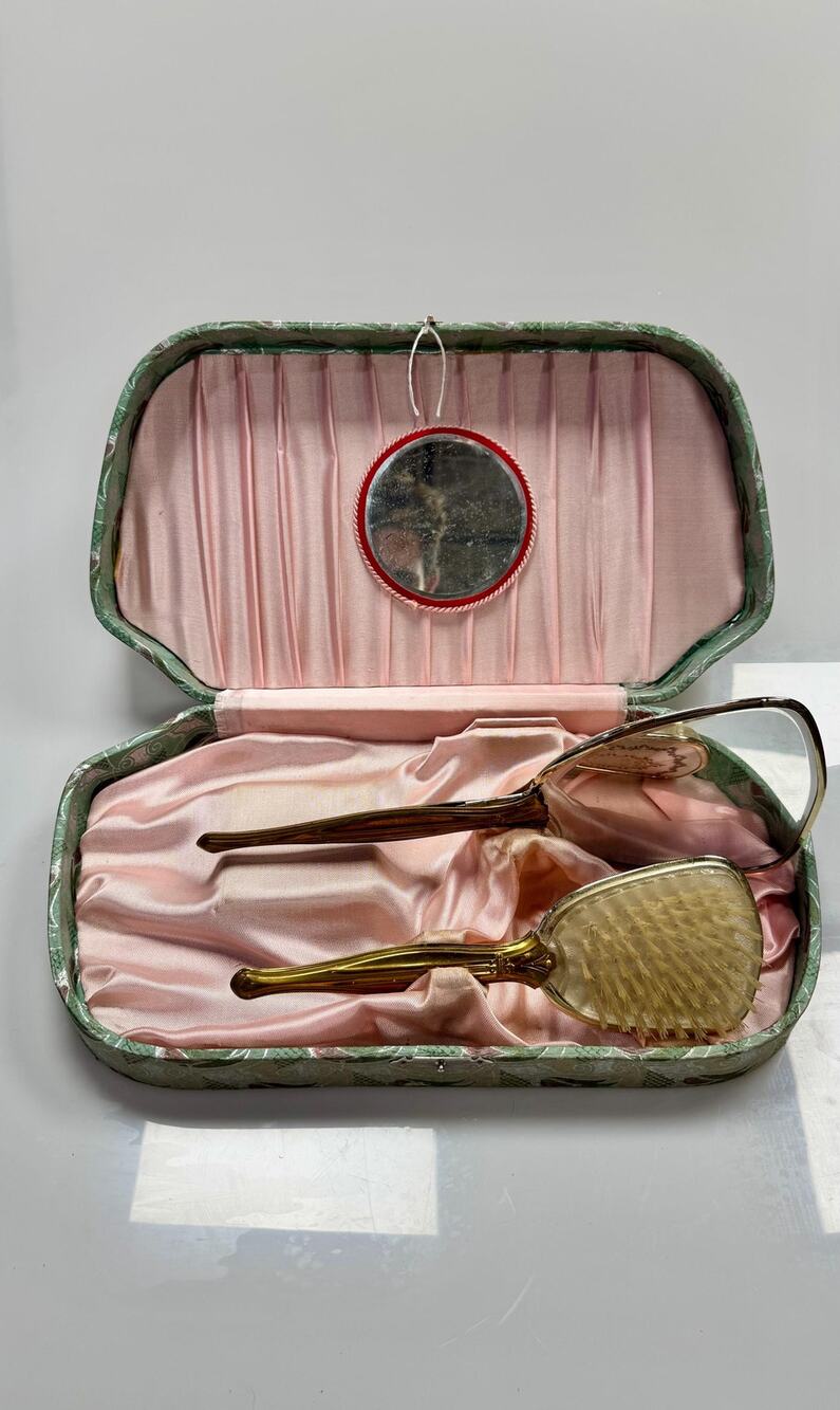 Vintage Vanity Brush & Mirror Set in Satin Travel Case Art Deco Style